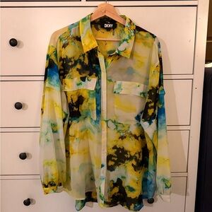 DKNY Abstract Watercolor Sheer Button-Down Blouse – XL